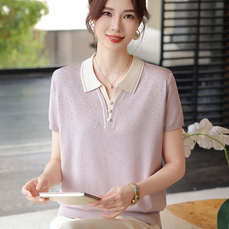 Young Mom's Summer Short-Sleeve Fashion Lapel Top, Middle-Aged and Elderly Women's Clothing, Mother's Day Ice Silk T-Shirt Set