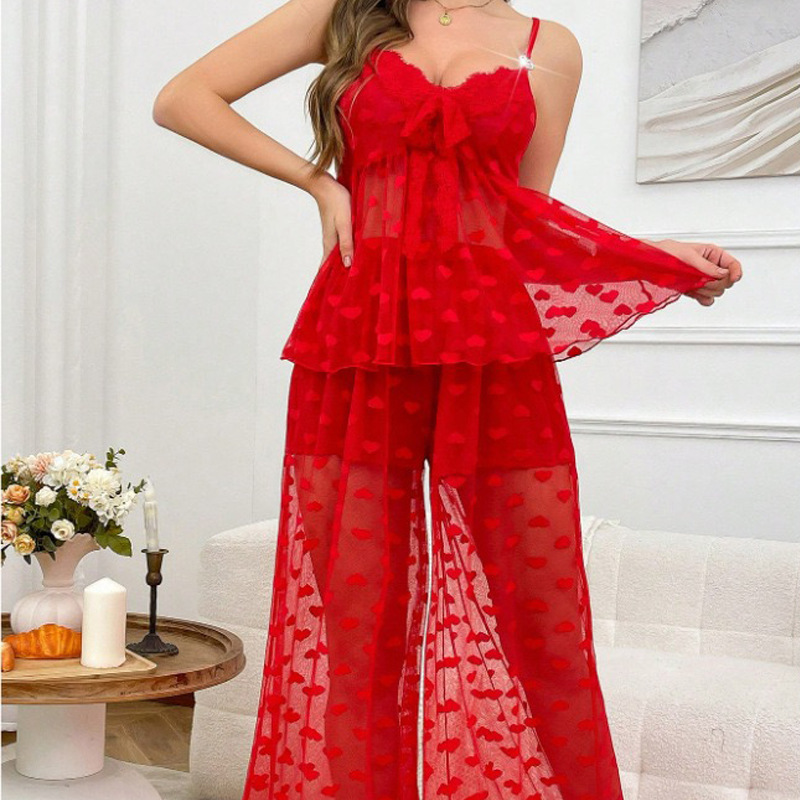 Cross-Border Women's Home Wear New Style Sexy Women's Mesh Camisole Long Pants See-Through Heart-Shaped Pajama Set