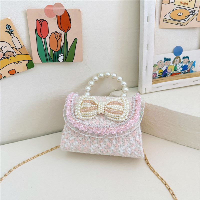 Colorido lentejuelas de los niños bolsa arco accesorios princesa estilo occidental perla bolso coreano mini cadena mensajero bolsa