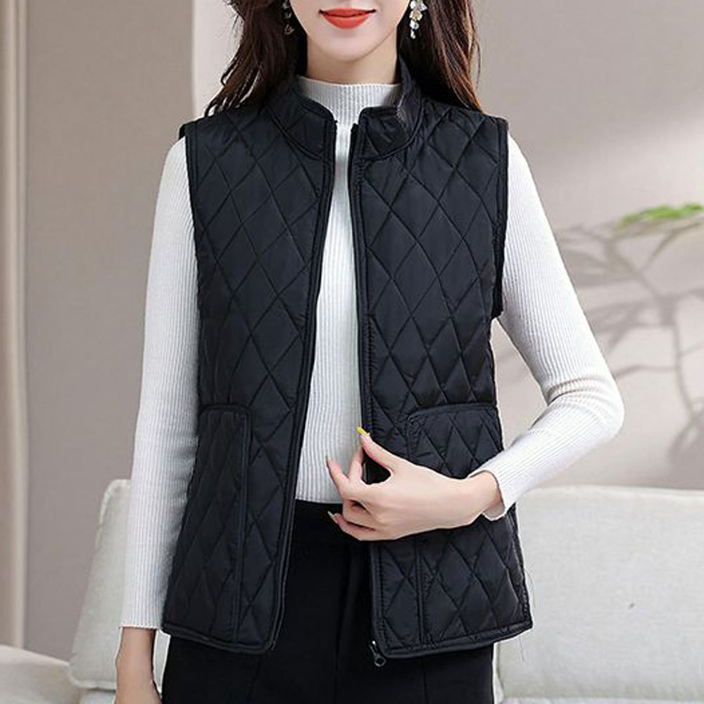 블랙 [스탠드 칼라 스몰 체크 무늬 지퍼 조끼]