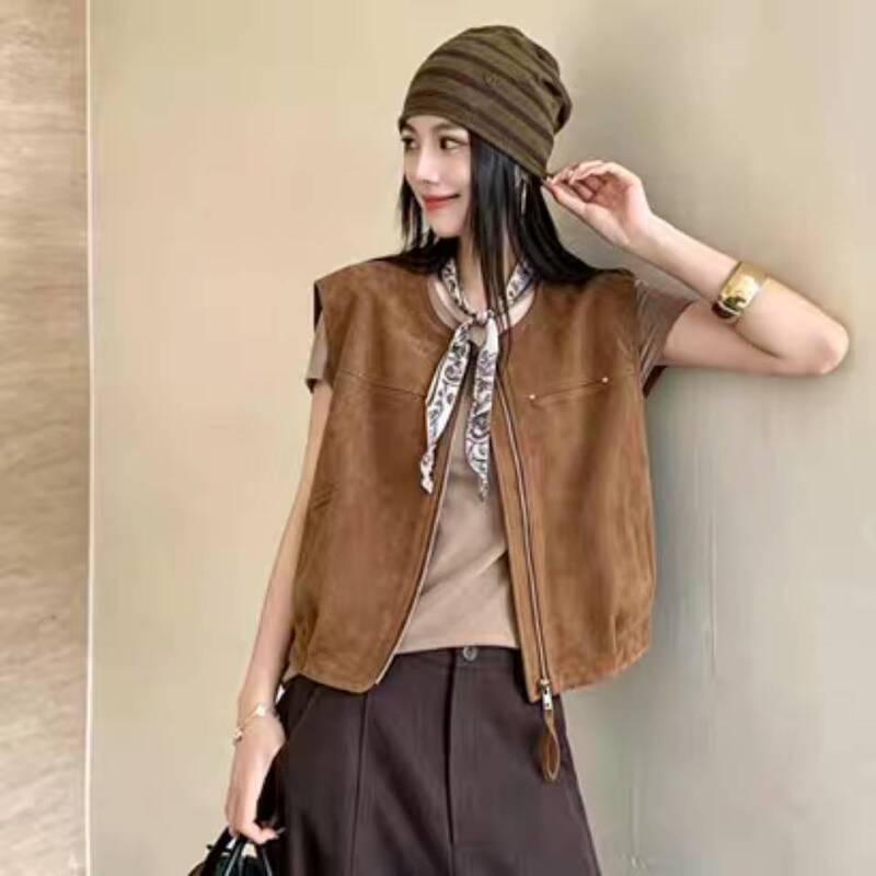 2026 Autumn Collection Women's Suede Cardigan Sleeveless Vest with Scarf, New Loose Casual Style Waistcoat 2026 Autumn Collection Women's Suede Cardigan Sleeveless Vest with Scarf, New Loose Casual Style Waistcoat