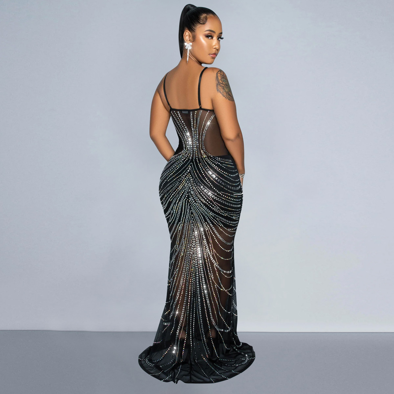 C6820 transfronterizo AliExpress Amazon europeo y americano de las mujeres de moda de color sólido vestido de la correa de malla rhinestone vestido image 4