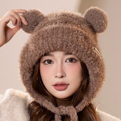 小熊耳朵雷锋帽冬季女甜美可爱保暖加厚毛绒帽子韩版潮防寒护耳帽