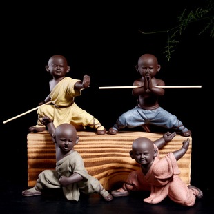 Factory wholesale purple sand tea pet ornaments large kung fu boy ceramic characters small monk home crafts decoration