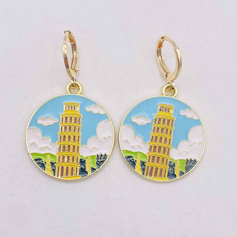 11g Weight Copper Ear Needle Material Drop Earrings Classification 1 Pair Quantity Daily, Street Occasion Alloy Material Building, Landscape Pattern Women's Gender Enamel Design Simple Style Style 1 Pair Simple Style Building Landscape Enamel Arylic Alloy Drop Earrings 4