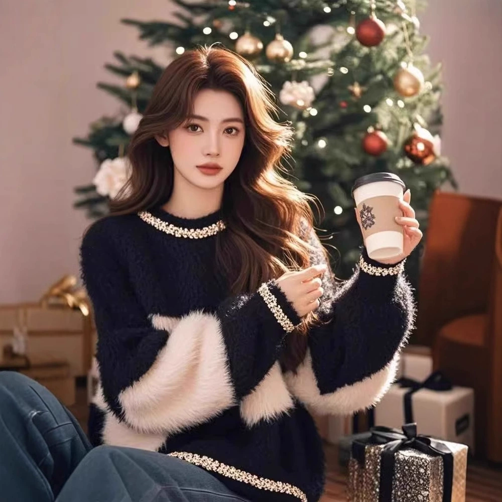 Ленивый ветер молоко ufu мягкий клейкий нежный пуловер черно-белый контрастный мохер свитер женский 2024 новый зимний