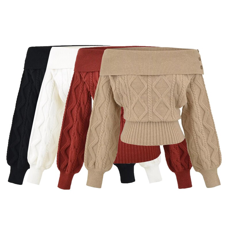 Relaxed One-Shoulder American-Style Cable Knit Sweater for Women, Autumn Off-Shoulder Design, Korean Style Spicy Girl Waist-Cinching Knitwear
