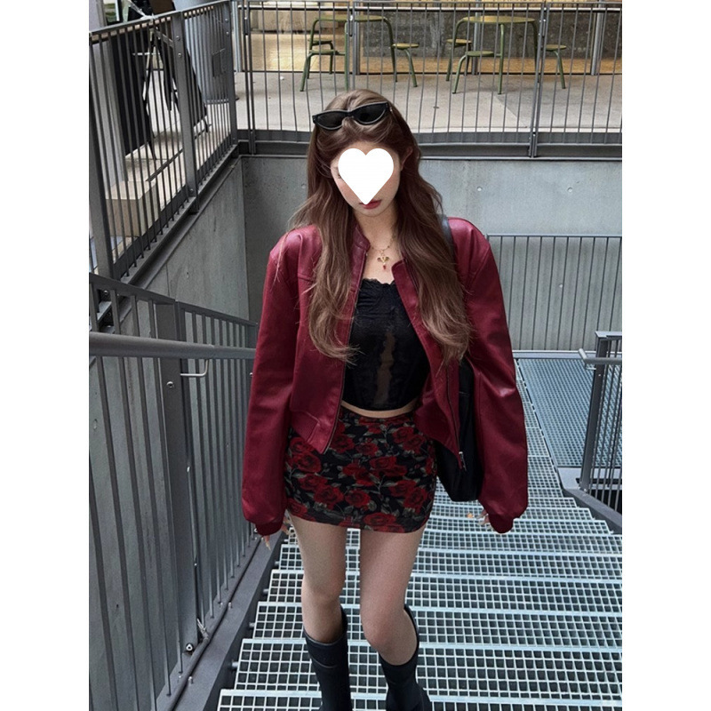 アメリカのレトロな赤いpuの皮の服のコートの女性の春と秋の高級感の小さい子供の機関車の服のジャケットの短い上着|undefined