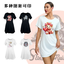 源头工厂女士短袖宽松睡裙多图案可选T恤式家居服印花黑白多色927