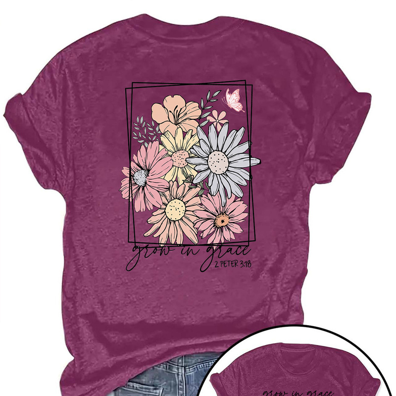 Cross-Border Cute Printed Short-Sleeved Exquisite Floral Print New Round Neck Loose Short-Sleeved Ebay Casual T-Shirt for Women Cross-Border Cute Printed Short-Sleeved Exquisite Floral Print New Round Neck Loose Short-Sleeved Ebay Casual T-Shirt for Women