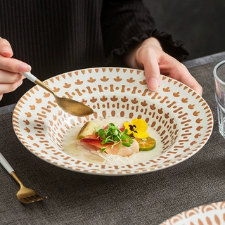 棕白不规则花纹宽边汤盘餐厅商用西餐意面浓汤盘私房菜摆盘陶瓷盘