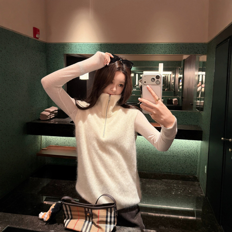 Baisiwang Sheep Wool Cashmere Fleece Half-Zip Knit Vest for Women, Autumn Stand-Up Collar Soft Layered Sleeveless Top