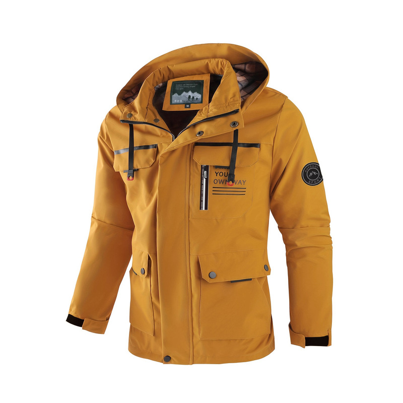 New Spring and Autumn Work Jacket for Men with Multiple Pockets, Cross-Border Casual Oversized Jacket with Detachable Hood, European Size New Spring and Autumn Work Jacket for Men with Multiple Pockets, Cross-Border Casual Oversized Jacket with Detachable Hood, European Size