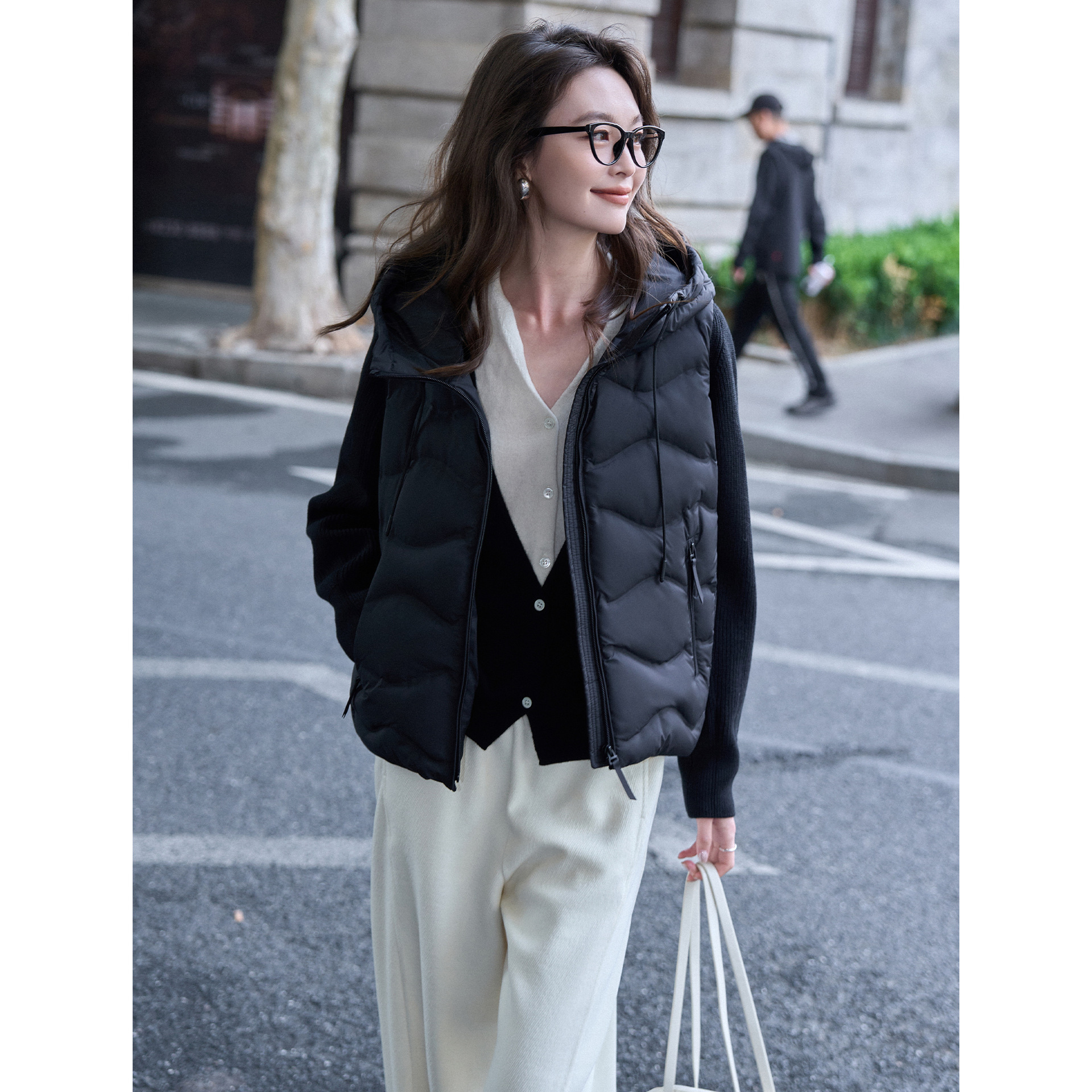 Rongtai Laminated Direct-Fill 90 White Duck down Hooded down Jacket for Women, New Autumn and Winter Knitted Splicing Outdoor Light and Warm Coat