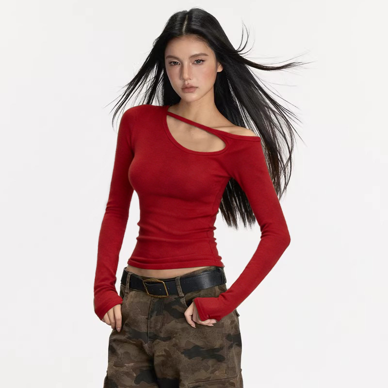 Red Design-Inspired Hollow-Out Asymmetrical Shoulder Long-Sleeve T-Shirt for Women, Spring and Autumn, Petite Size, Pure Desire Style, Spicy Girl Top T-Shirt