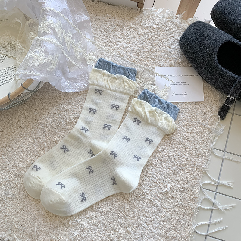 波点蝴蝶结袜子女时尚百搭芭蕾风中筒袜甜美泡泡口堆堆袜白色袜子|undefined