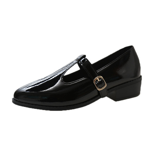 Vintage black small leather shoes for women, spring and autumn French-style shallow Mary Jane shoes, low-heeled pointed-toe flat shoes with thick soles