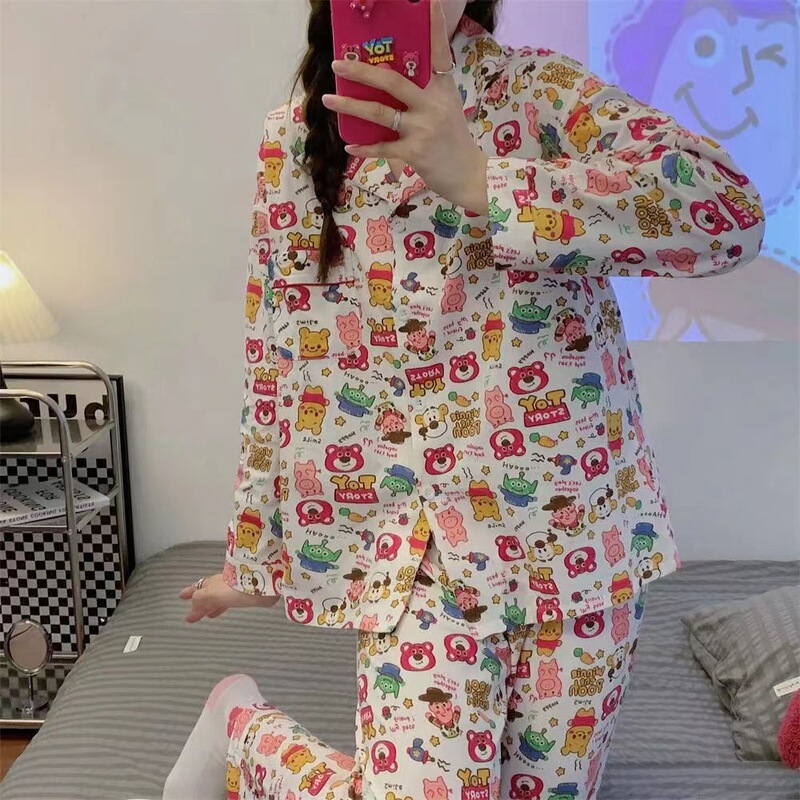 Live Cross-border Foreign Trade Spring and Autumn Lapel Open Button Long Sleeve Pajamas Women's Cardigan Trousers Fashion Cartoon Home Clothes Set