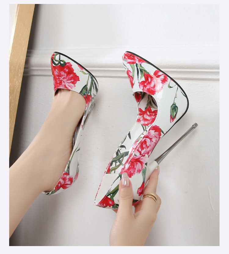 Giày cao gót mũi nhọn gót thanh mảnh họa tiết hoa, phong cách gợi cảm — Màu trắng, Màu đen chi tiết 12