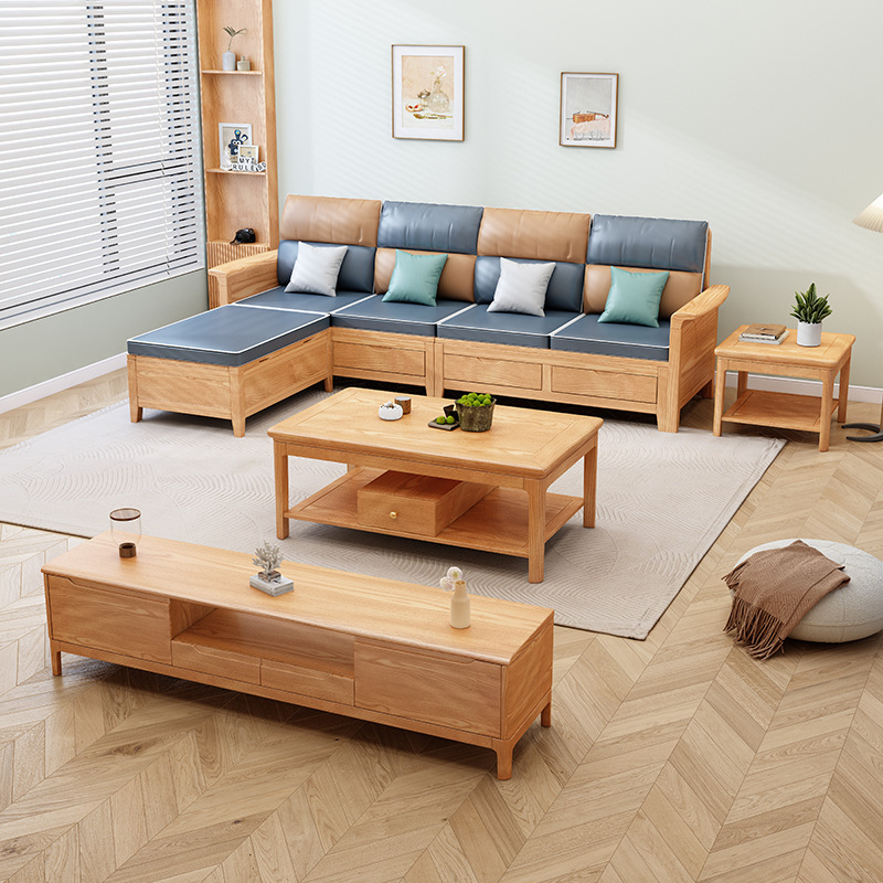 北美紅橡木沙發儲物高箱實木轉角三人沙髮帶電視櫃茶几組合木蠟油