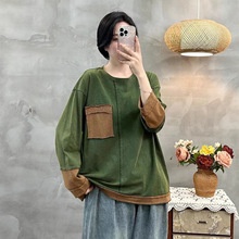 秋季新款炒色拼接加厚加绒打底衫复古休闲百搭宽松做旧半高领T恤