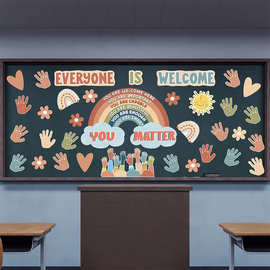 厂家跨境波西米亚主题纸卡彩虹小手课堂黑板装饰卡片自粘墙贴