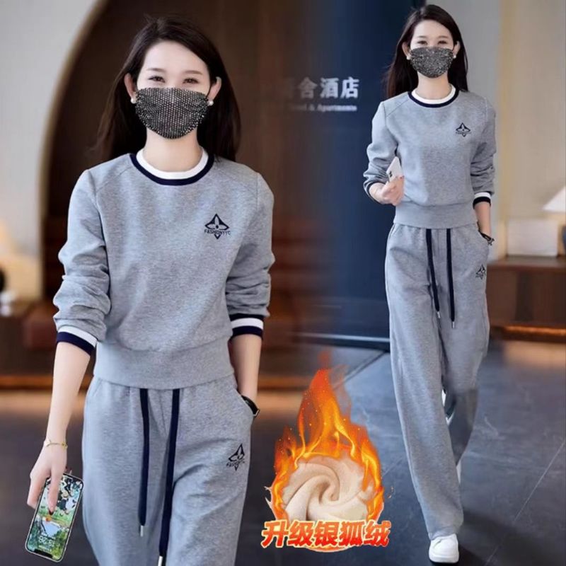 休闲运动套装女2025春秋新款韩版圆领宽松加绒加厚卫衣时尚两件套|undefined