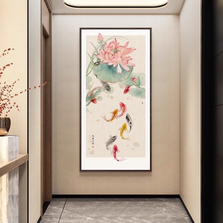 Nine Fishes Painting Wall Art New Chinese Style Entrance Hallway Decorative Painting Vertical Corridor Wall Art Grandiose Peony Flower Wall Painting
