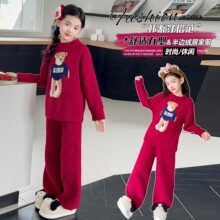 女童睡衣套装秋冬款2025新款小女孩甜美红色棉绒保暖居家服两件套