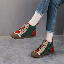 头层牛皮复古拼色短靴秋冬款真皮高帮休闲鞋女民族风舒适平底靴子