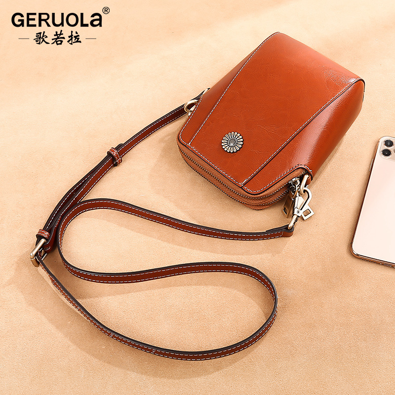 Bolso para teléfono móvil, bandolera para mujer, bandolera de cera de aceite, bolso pequeño de piel de vaca multifuncional para mujer, bolso de concha informal de moda