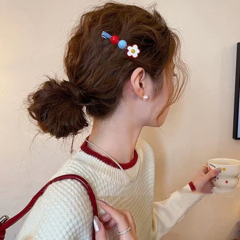 2#ブルーラベル ボールビーズフラワーヘアピン - 約6cm