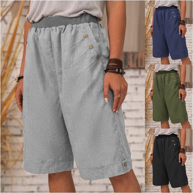 2021 New Cotton and Linen Shorts Five-point Pants Cross-border European and American Foreign Trade Women's Solid Color Casual Pants Straight Leg Pants Home