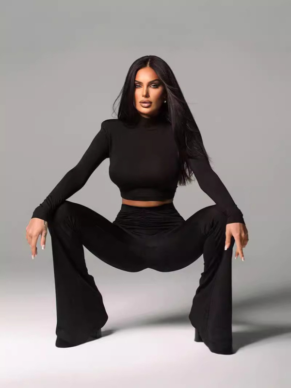 ヨーロッパとアメリカの女性の新しいファッション気質ラウンドネック長袖スリムフィットへそ露出トップスプリーツフレアパンツ2点セット|undefined