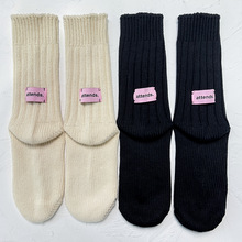 秋冬日系粉色标签纯色原胚棉粗线针织中筒袜子男女堆堆袜ins
