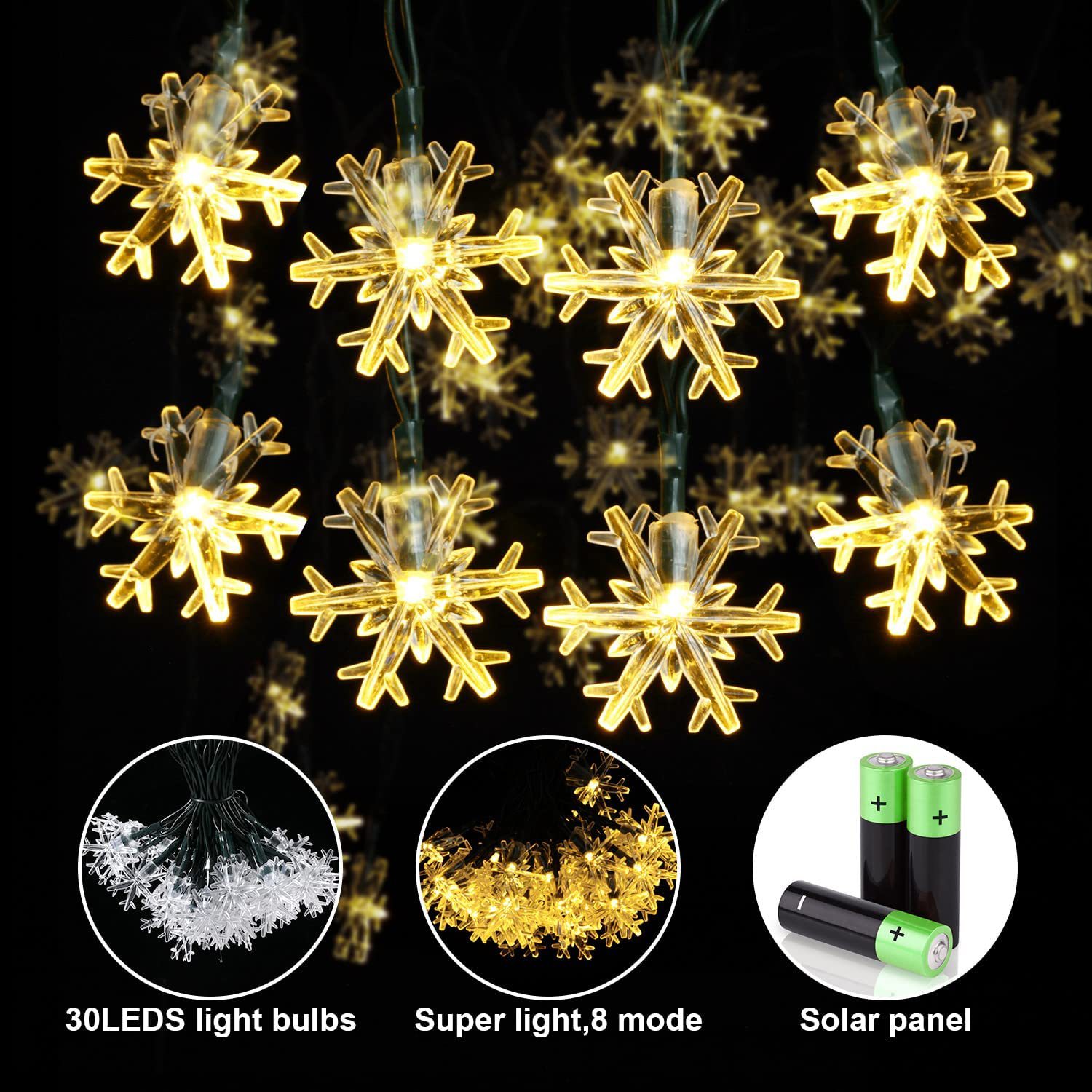 Amazon Venta caliente solar copo de nieve luz cadena 30led luces de colores Navidad Festival patio luces decorativas al aire libre impermeable