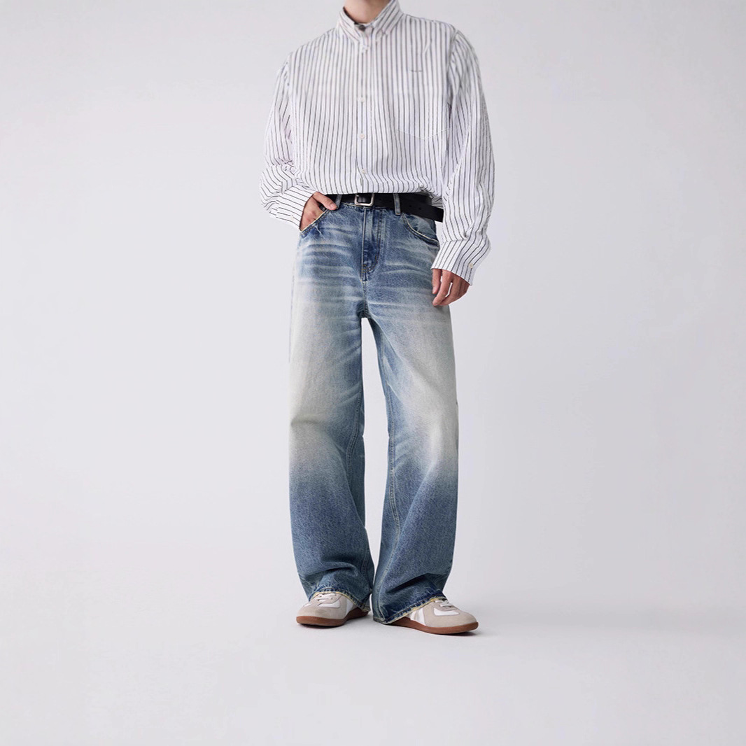 Ot Retro Wide-Leg Jeans for Men, High-End Washed Blue Casual Pants, Straight-Leg Pants for Teenagers, Versatile Men's Clothing