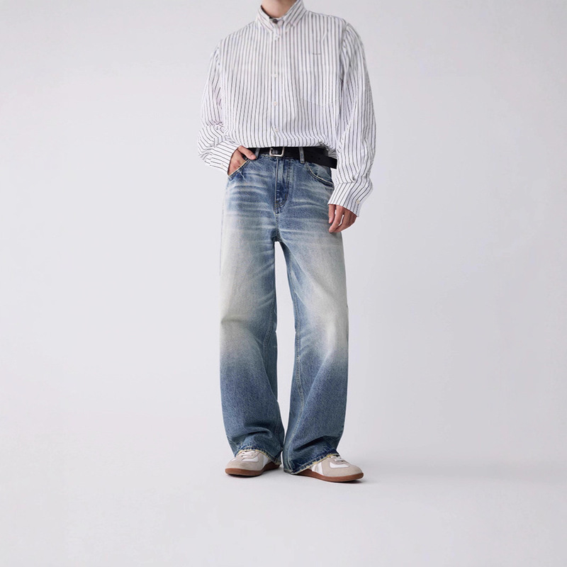 Ot Retro Wide-Leg Jeans for Men, High-End Washed Blue Casual Pants, Straight-Leg Pants for Teenagers, Versatile Men's Clothing