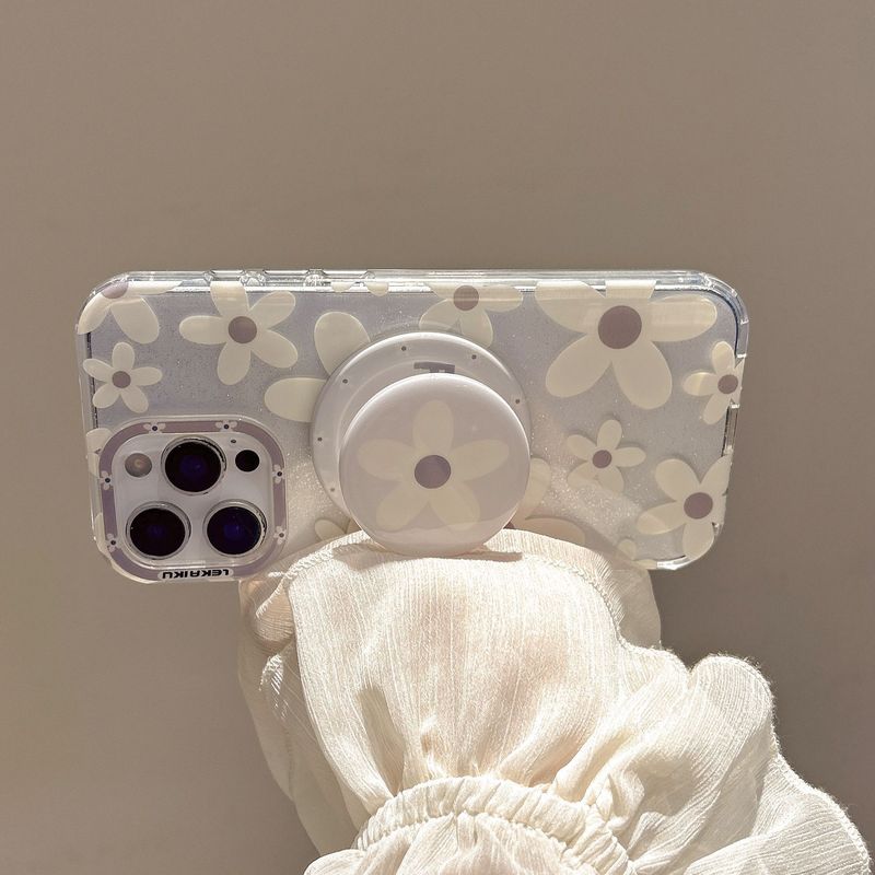 春夏灰色满屏花朵磁吸手机壳带支架iPhone16promax/15适用14pro女|undefined