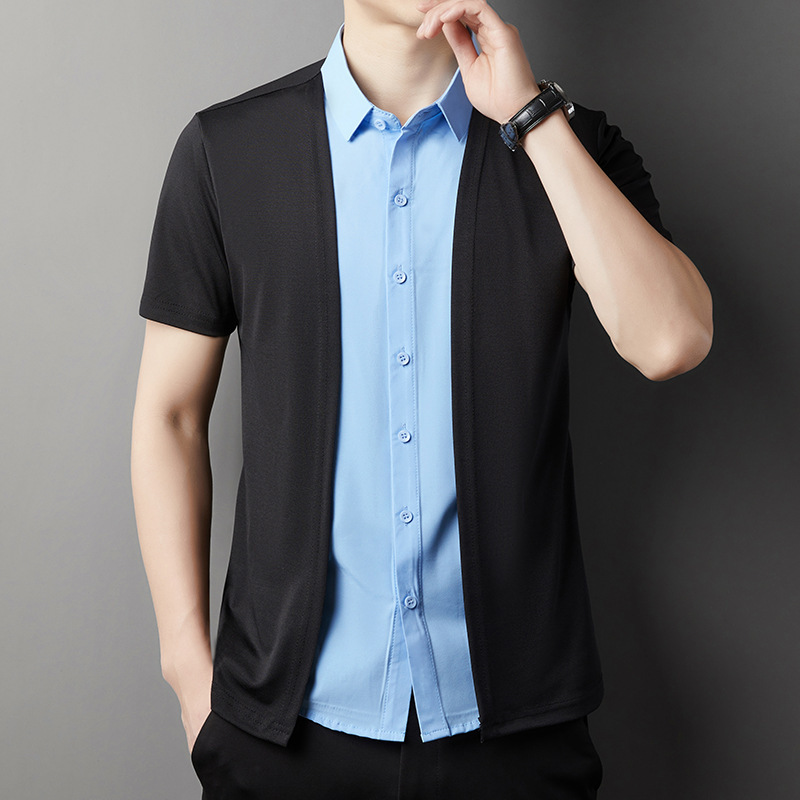 Daifa Ice Silk Fake Two-piece Knitted Short-sleeved Summer New Style Shirt Sense Men's T-shirt Shirt Color-matching Trendy Cardigan Daifa Ice Silk Fake Two-piece Knitted Short-sleeved Summer New Style Shirt Sense Men's T-shirt Shirt Color-matching Trendy Cardigan
