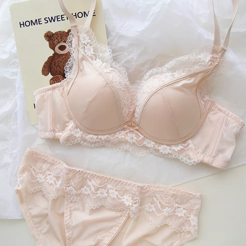 Moon Weaving Dream ~ French Lace Satin Underwear Women's Small Breast Push-Up Soft Modal Wireless Bra Set
