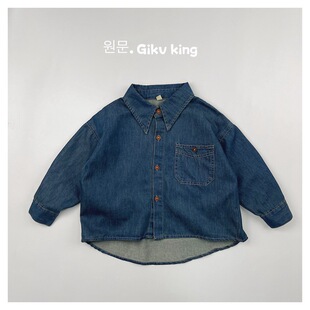 Nostalgic retro ~ Korean children's Denim shirt coat spring and autumn new boys and girls long sleeve lapel cardigan versatile