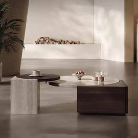 侘寂风洞石纹大小茶几组合现代轻奢极简创意家用圆形大理石纹茶台