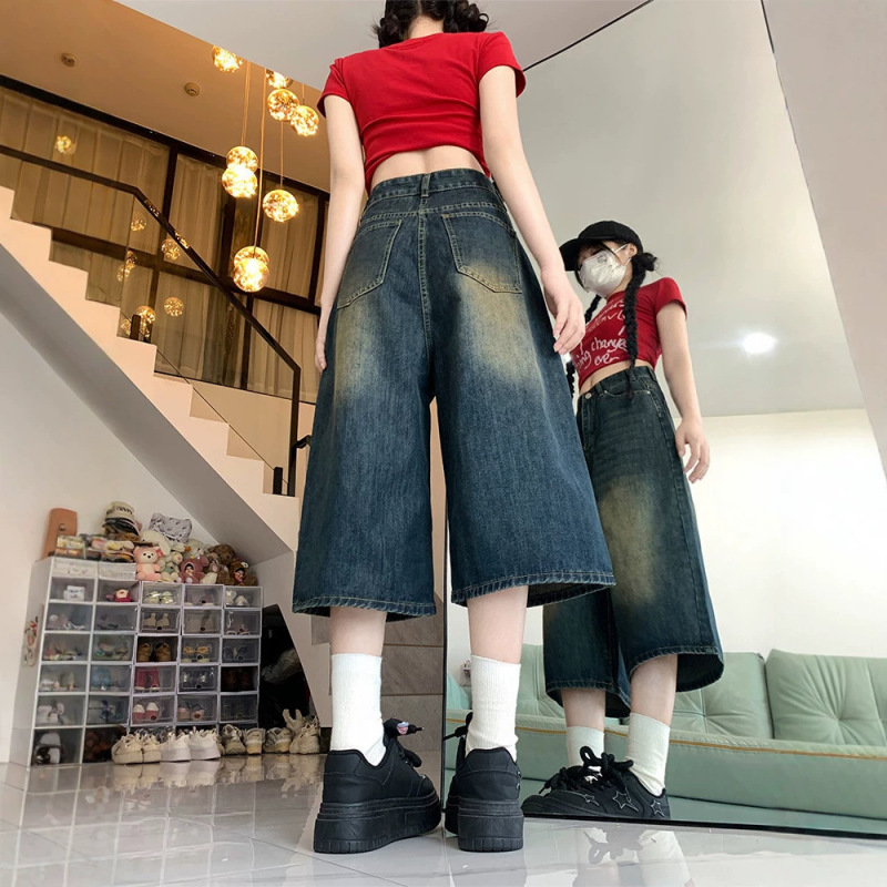 American High Street Retro Wide-Leg Cropped Denim Shorts for Women, Summer High-Waisted Plus-Size Slimming Loose Straight Shorts