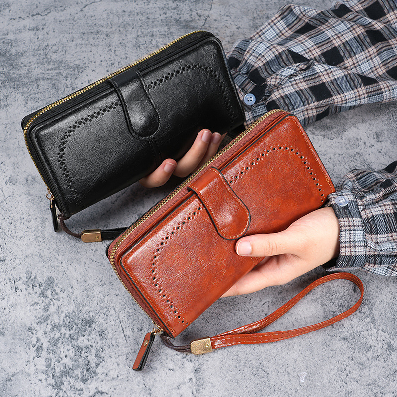 Two-in-one New Fashion Wax Leather Women's Large Capacity Wallet Long Women's Large Banknote Clip Hollow Multi-layer Wallet