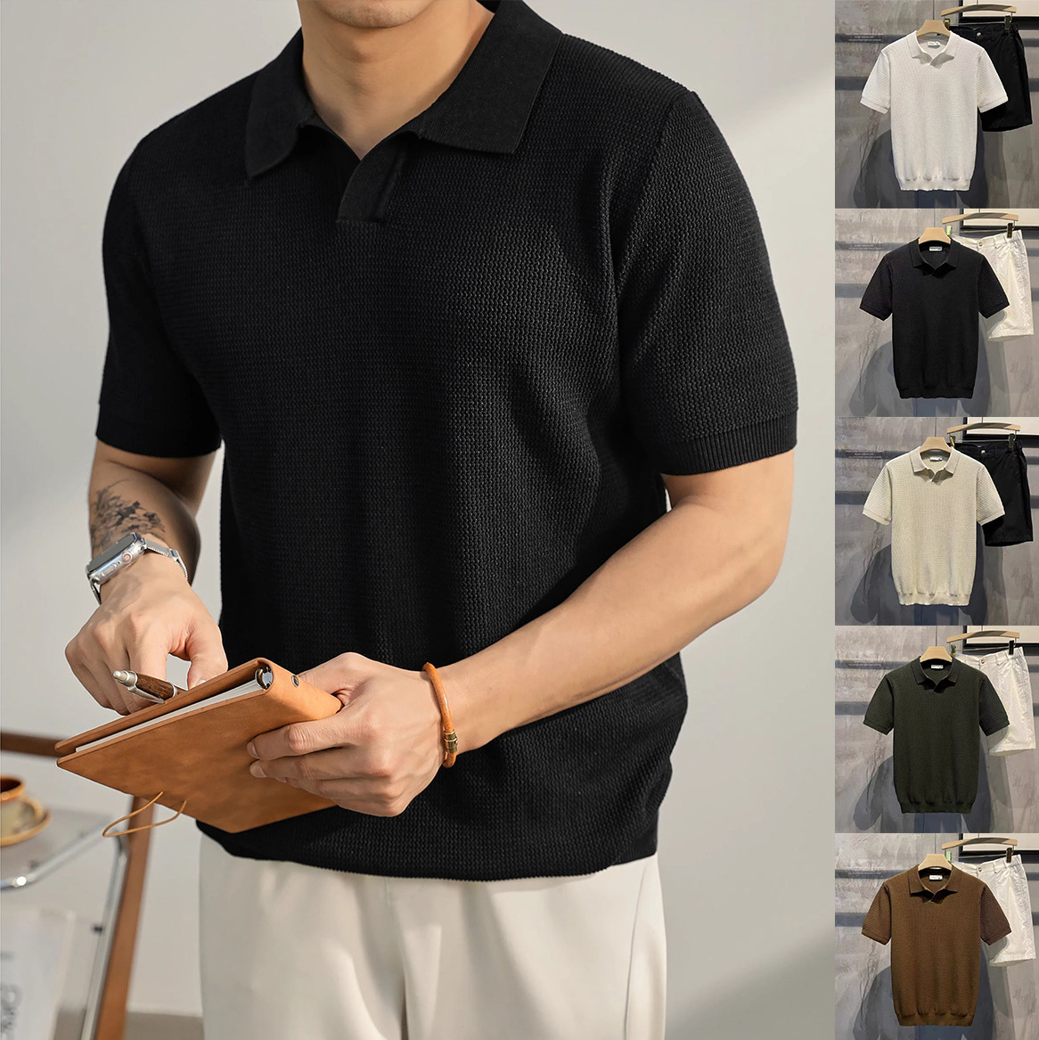 Polo camiseta de punto camiseta de manga corta camiseta hombre gaviota cuello V textural viejo dinero viento hielo seda fábrica transfronteriza al por mayor