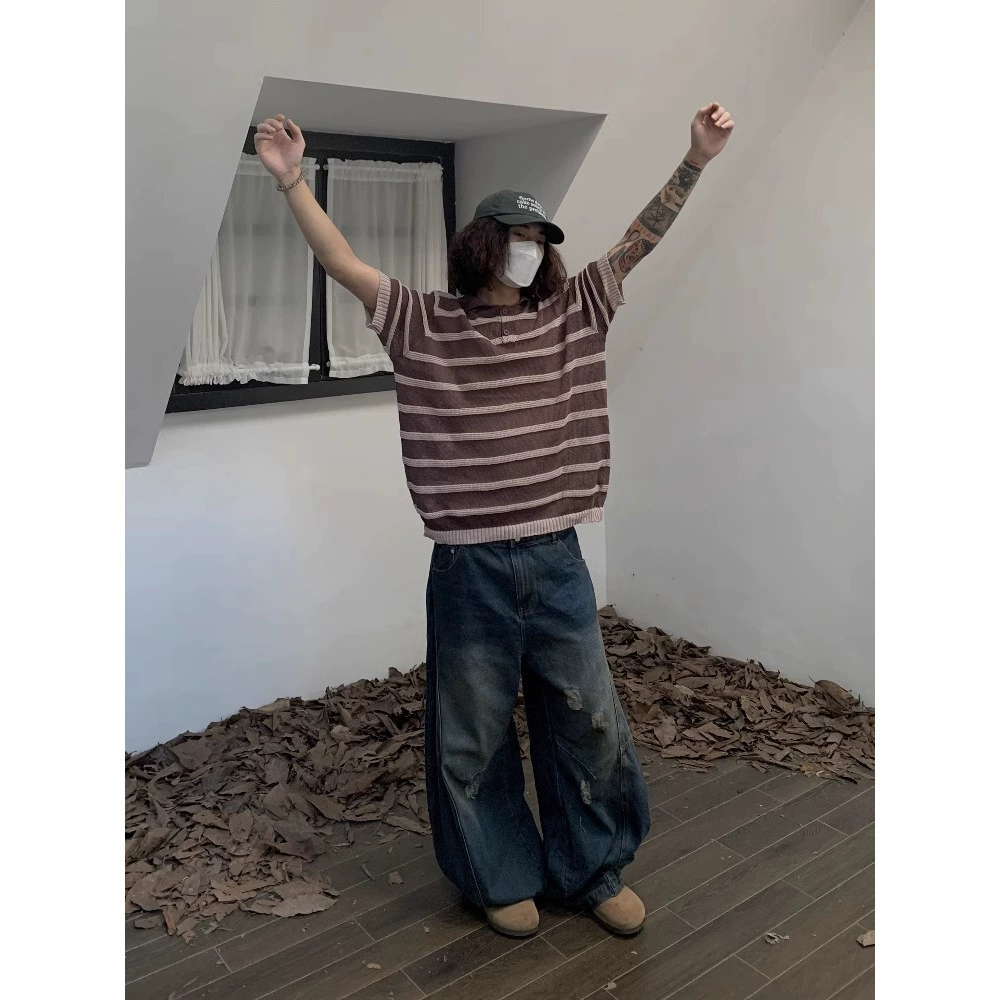 Лето 2024, новая ретро японская нишевая модная футболка, свитер с маленькими лацканами, вязаная футболка с короткими рукавами, мужской топ