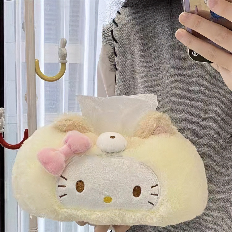 Cute kitty cream yellow plush tissue box for home use in the living room, bathroom, or car