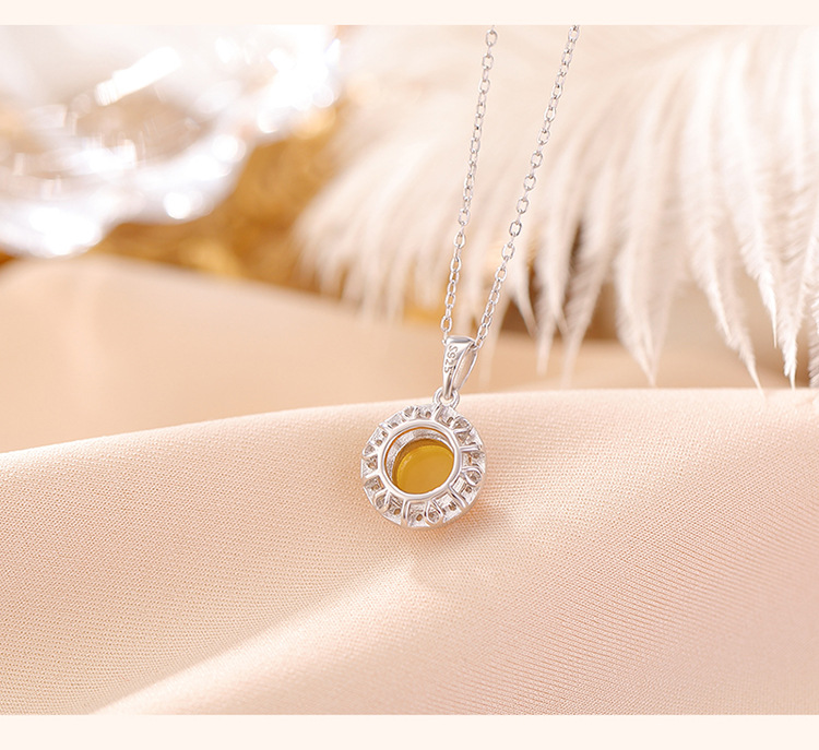 Mặt dây chuyền bạc S925 mạ vàng sáp ong viền zircon hình tròn phong cách hoang dã — Bạc (mặt dây chuyền đơn) chi tiết 5
