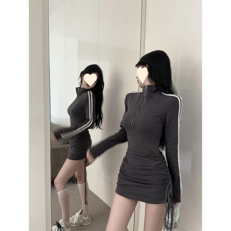 港风高级小众polo领拉链长袖连衣裙女运动风辣妹褶皱修身包臀裙|undefined